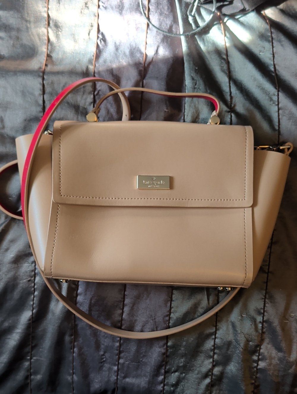 kate spade taupe satchel with Red accent strap